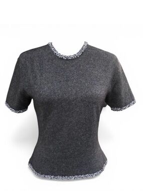 Barney Cheng Cashmere Silk Sweater Grey Sequin Bead Trim Crew Neck Short Sleeve